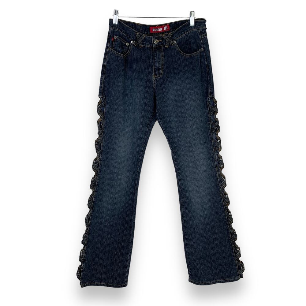 Zana Di Y2K Jeans Size 7 Flared Criss Cross Side Corset Cut Out Dark Wash 30X32